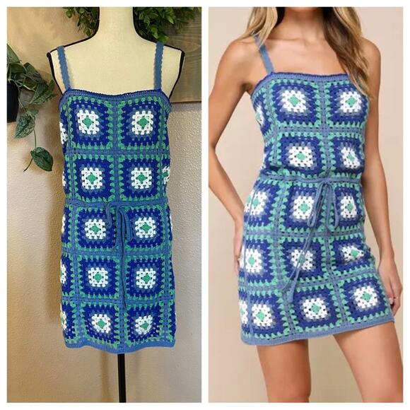 NWOT Lulus Trendsetting Charm Blue Crochet Lace-Up Sleeveless Mini Dress - Picture 1 of 9